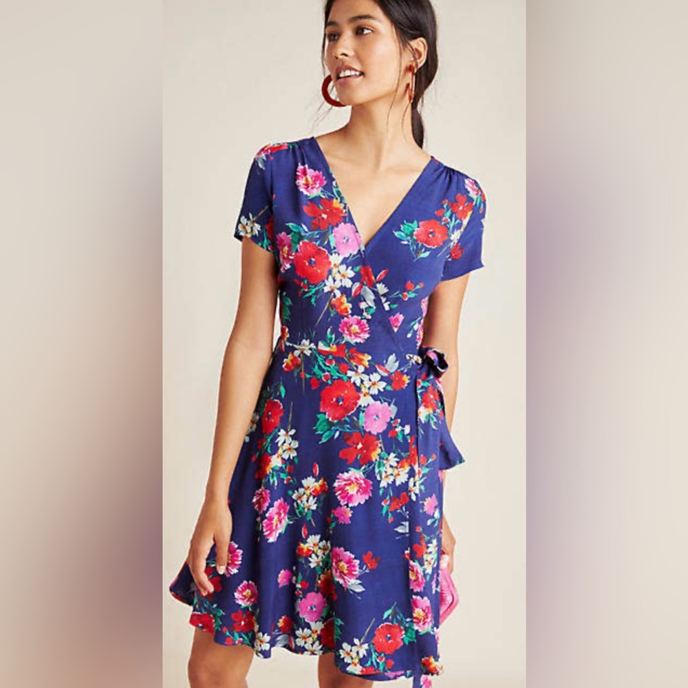 Anthropologie Yumi Kim Blue Pink Red Floral Wrap Dress
